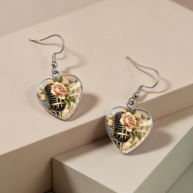 Heart Shape Glass Dome Dangle Earrings with Roses
